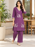 PURPLE COTTON STRAIGHT LINE CO-ORD SET FOR CASUAL OUTING