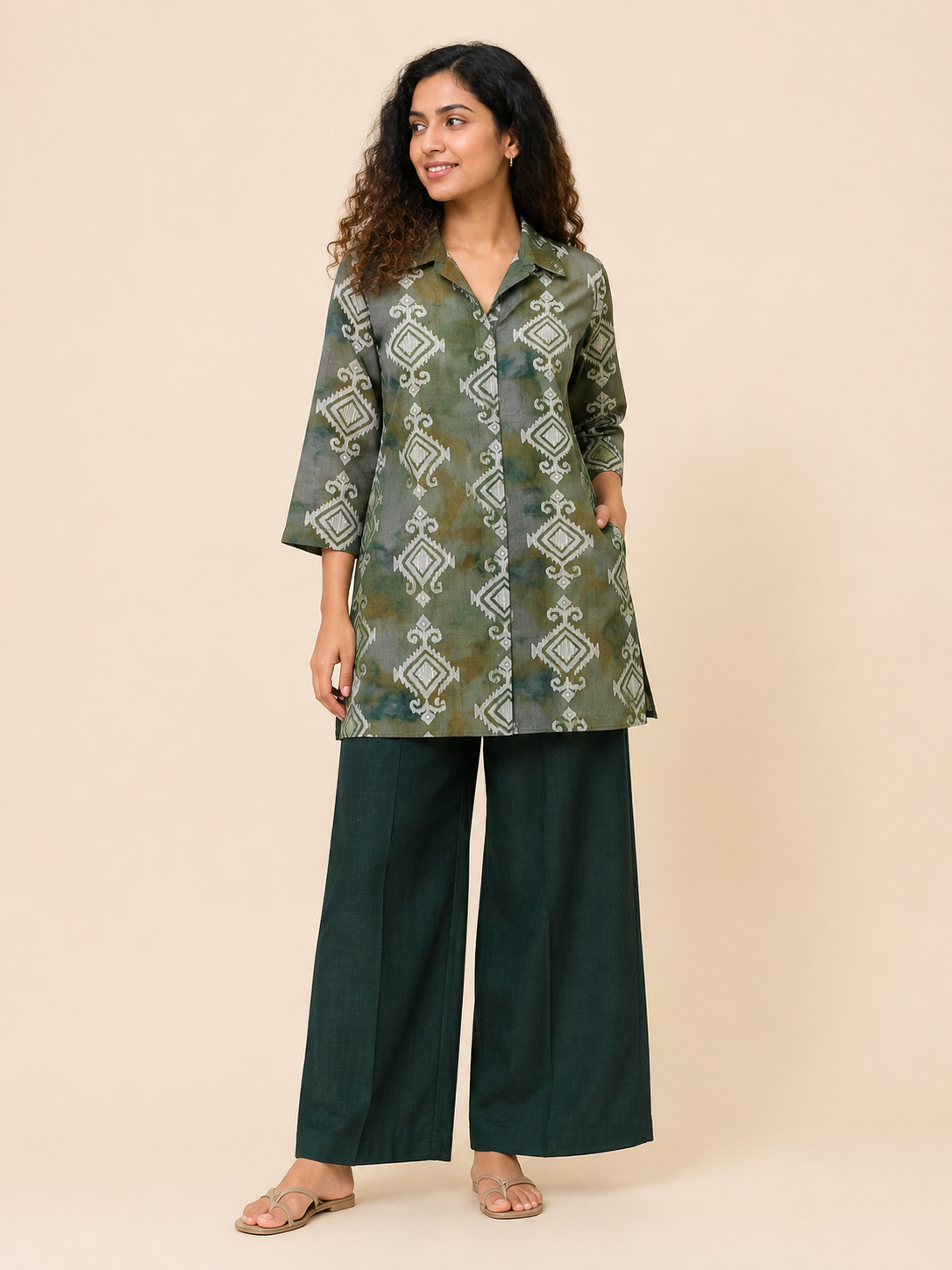 GREEN COTTON STRAIGHT LINE CO-ORD SET FOR CASUAL WEAR