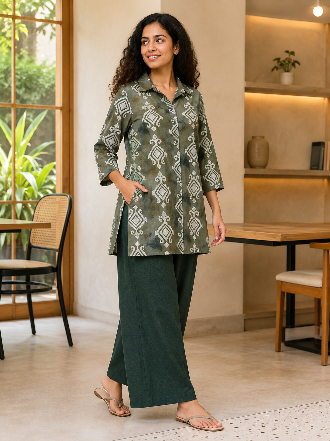 GREEN COTTON STRAIGHT LINE CO-ORD SET FOR CASUAL WEAR