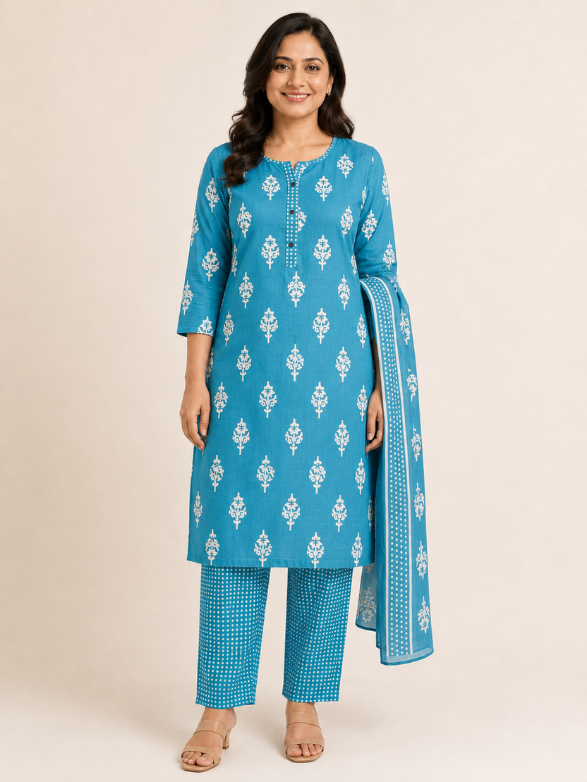 BLUE COTTON STRAIGHT LINE KURTA SET FOR CASUAL OUTING