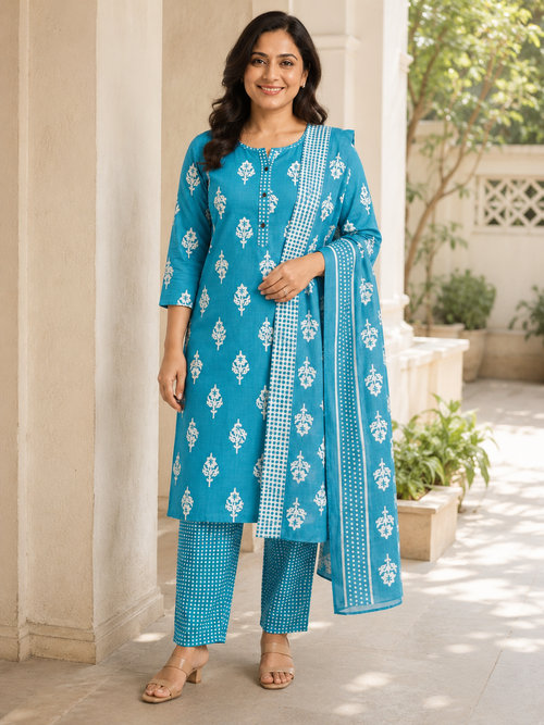 BLUE COTTON STRAIGHT LINE KURTA SET FOR CASUAL OUTING