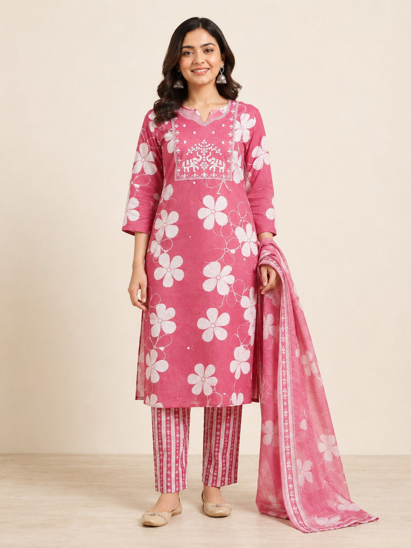 PINK COTTON STRAIGHT LINE KURTA SET FOR DAY OUT