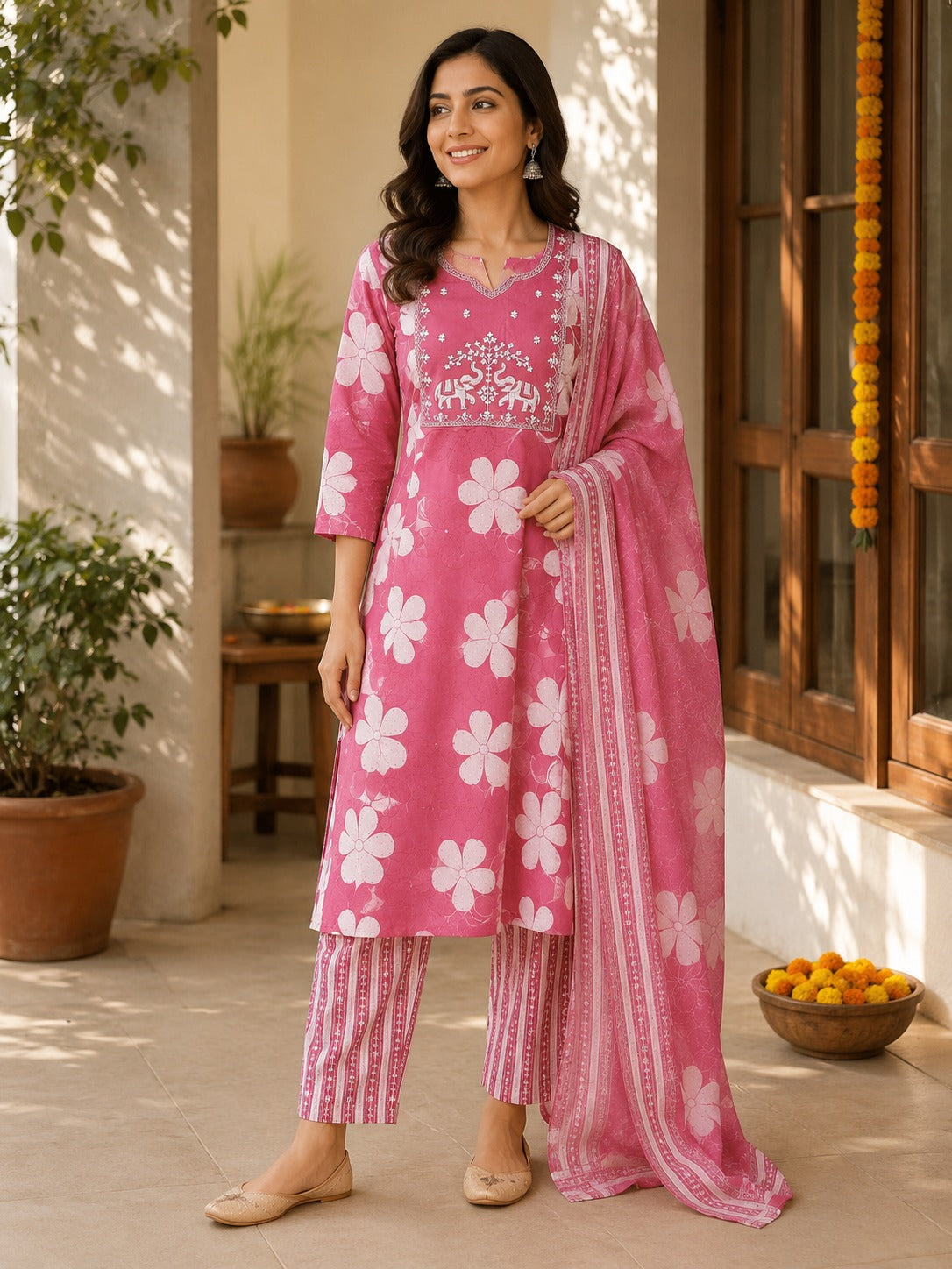 PINK COTTON STRAIGHT LINE KURTA SET FOR DAY OUT