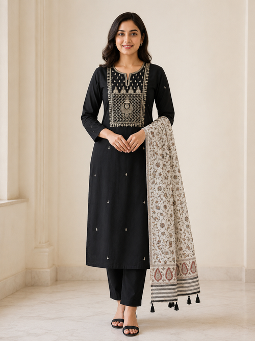 BLACK COTTON STRAIGHT FIT KURTA SET FOR FESTIVAL
