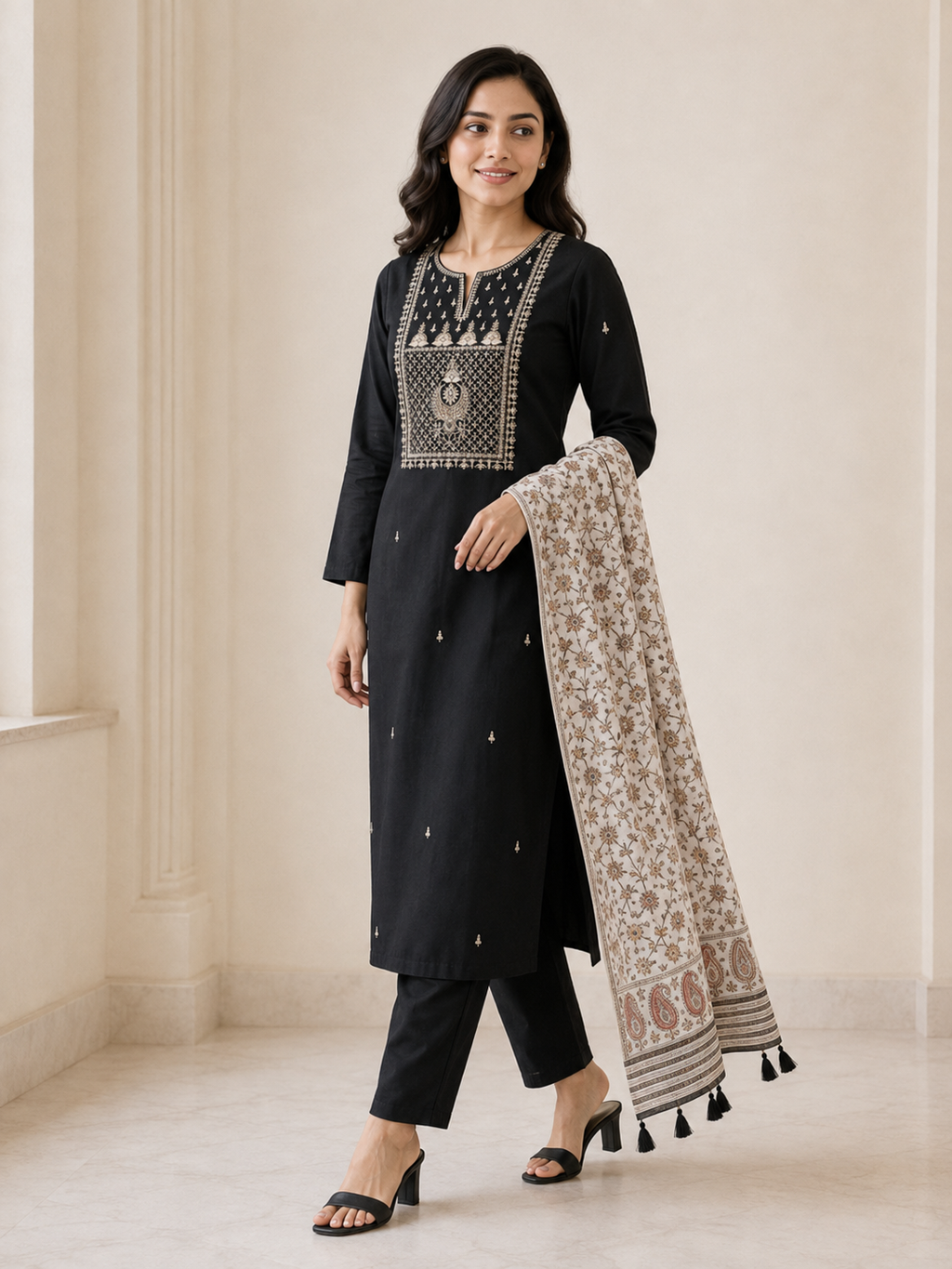 BLACK COTTON STRAIGHT FIT KURTA SET FOR FESTIVAL