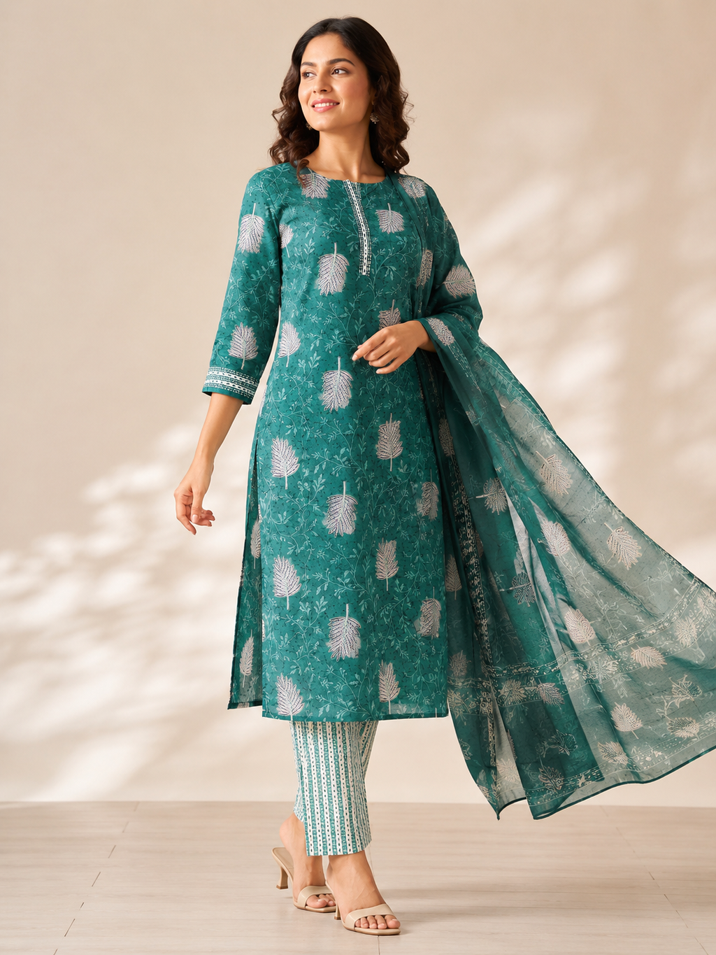 GREEN COTTON KURTA SET FOR DAY OUT