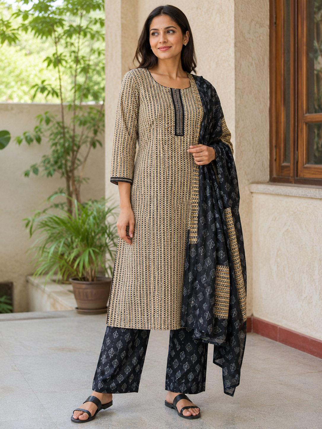 CREAM STRAIGHT LINE COTTON KURTA SET FOR DAY EVENT
