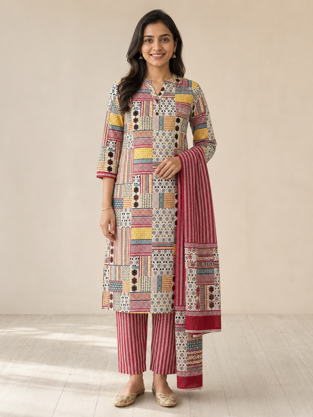 MULTI COLOUR STRAIGHT LINE COTTON KURTA SET FOR FESTIVAL
