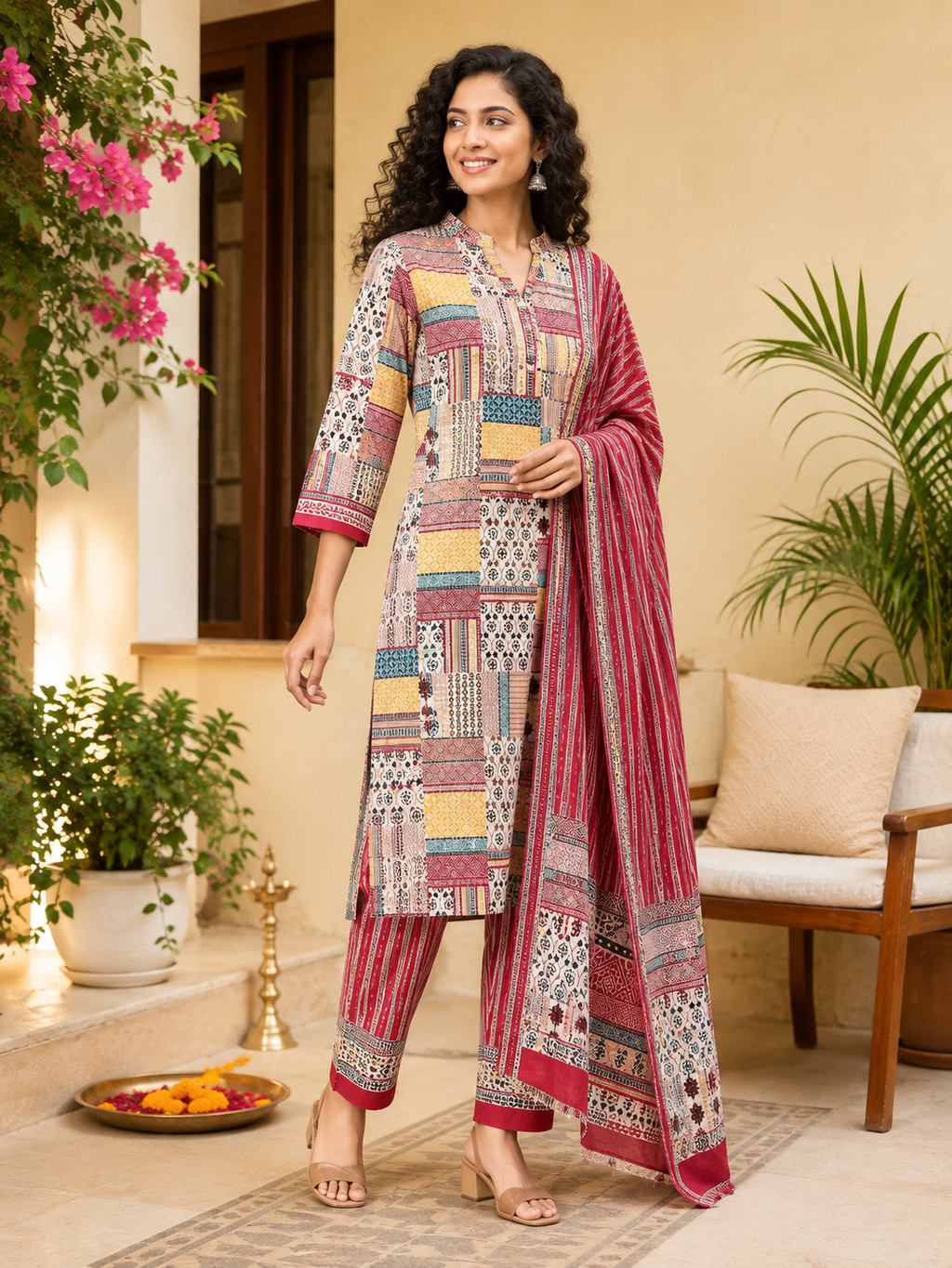 MULTI COLOUR STRAIGHT LINE COTTON KURTA SET FOR FESTIVAL