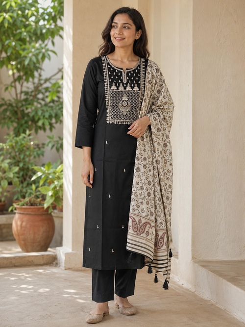 BLACK COTTON STRAIGHT FIT KURTA SET FOR FESTIVAL