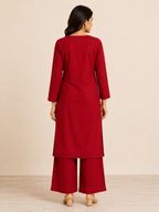 RED COTTON STRAIGHT LINE KURTA WITH PANT FOR DAY EVENT