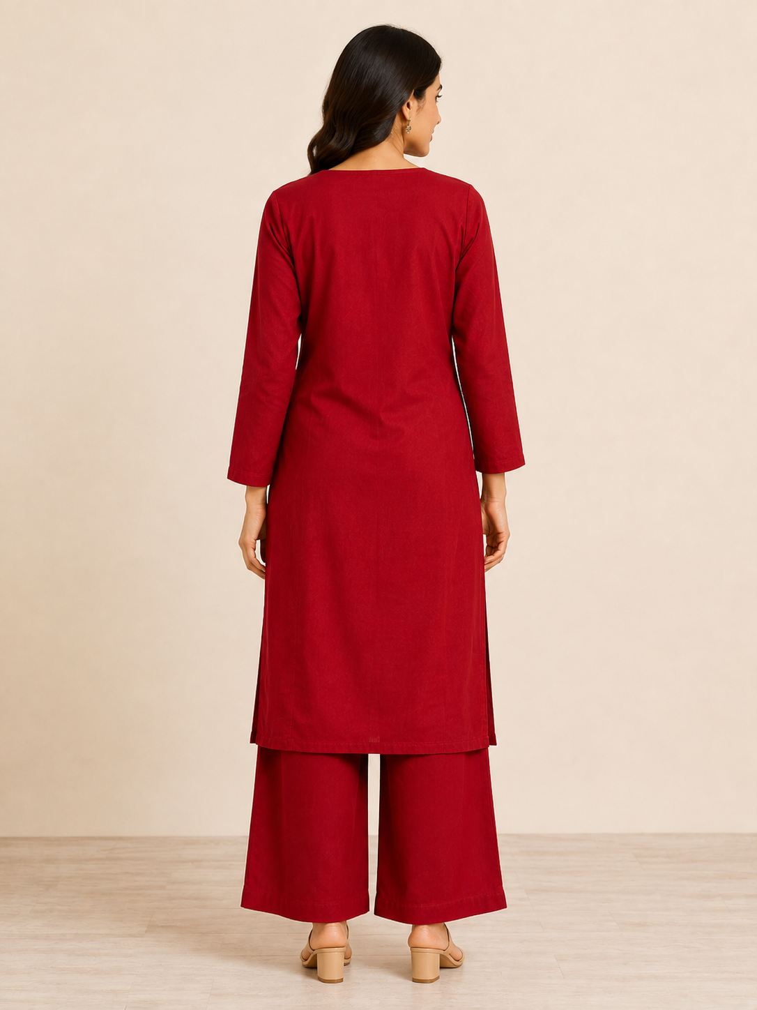 RED COTTON STRAIGHT LINE KURTA WITH PANT FOR DAY EVENT