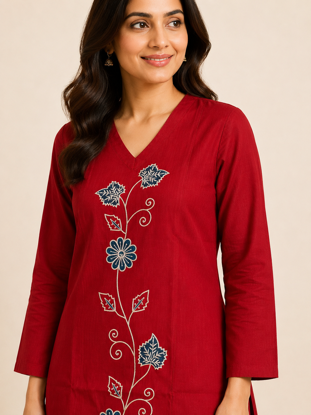 RED COTTON STRAIGHT LINE KURTA WITH PANT FOR DAY EVENT