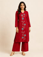 RED COTTON STRAIGHT LINE KURTA WITH PANT FOR DAY EVENT
