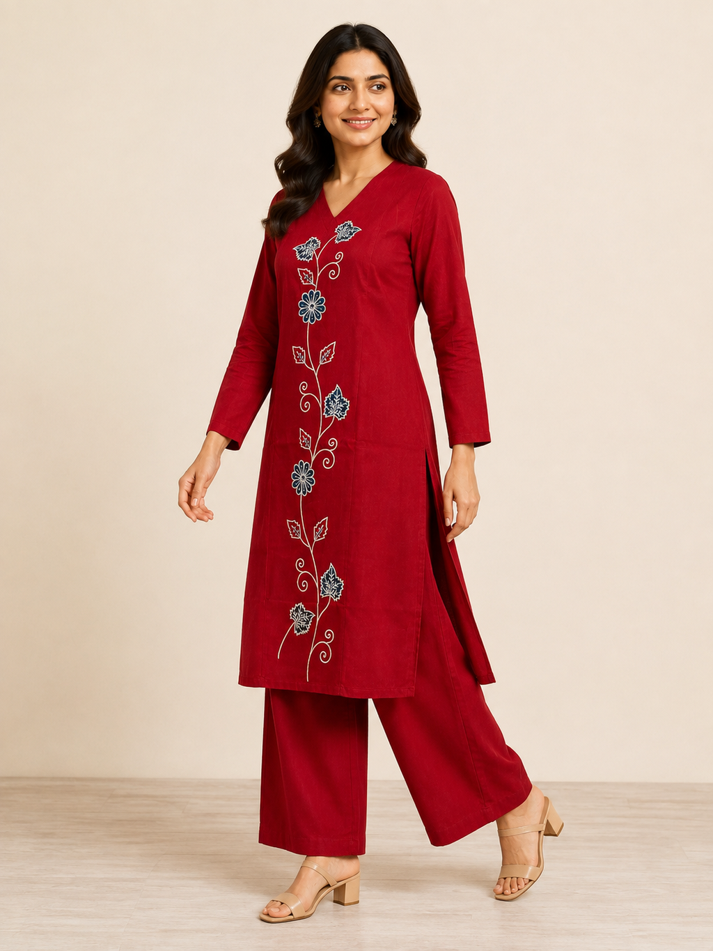 RED COTTON STRAIGHT LINE KURTA WITH PANT FOR DAY EVENT