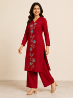 RED COTTON STRAIGHT LINE KURTA WITH PANT FOR DAY EVENT