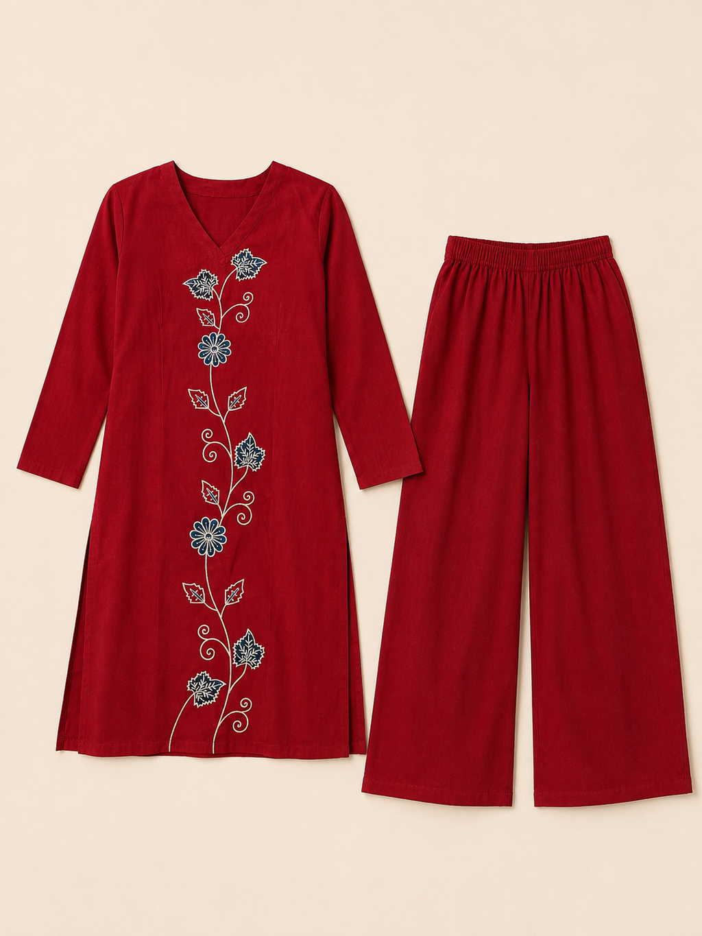 RED COTTON STRAIGHT LINE KURTA WITH PANT FOR DAY EVENT