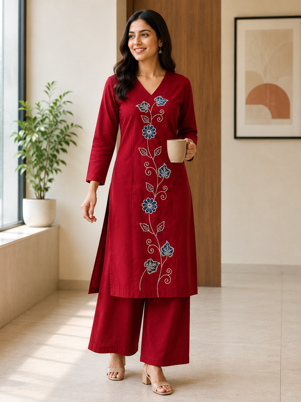 RED COTTON STRAIGHT LINE KURTA WITH PANT FOR DAY EVENT