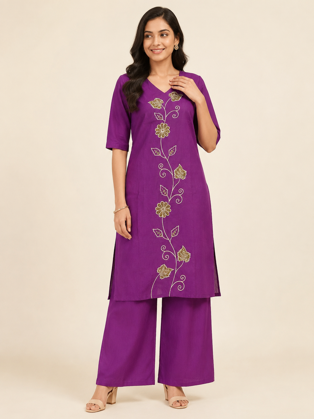 PURPLE STRAIGHT LINE COTTON KURTA WITH PANT FOR FESTIVAL
