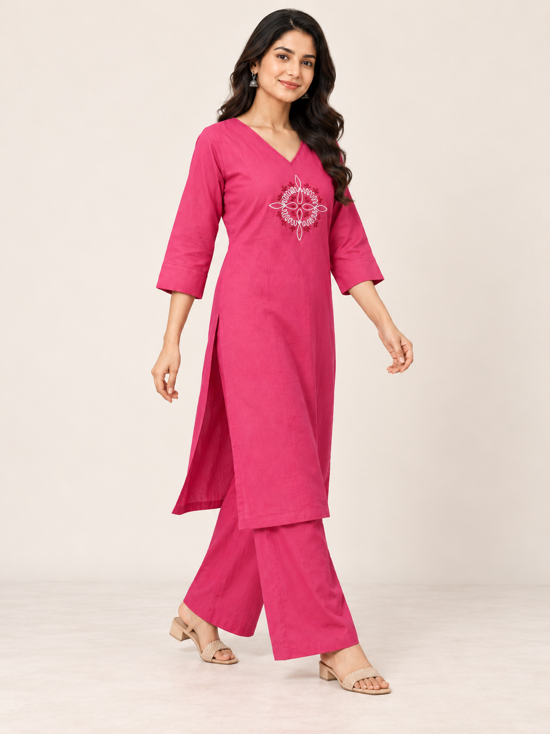 PINK COTTON STRAIGHT LINE KURTA WITH PANT FOR FESTIVAL