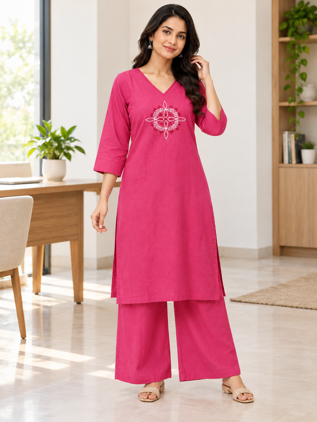 PINK COTTON STRAIGHT LINE KURTA WITH PANT FOR FESTIVAL