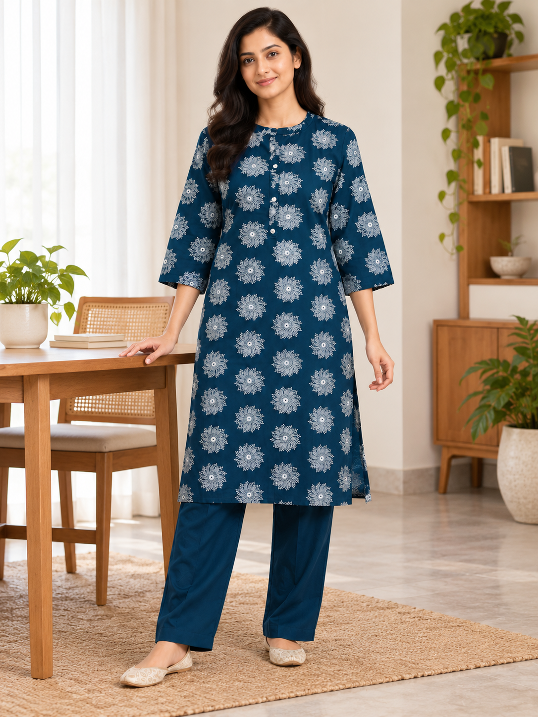 BLUE RAYON KURTA WITH PANT FOR DAY EVENT