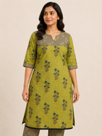 GREEN COTTON KURTA WITH PANT FOR CASUAL OUTING