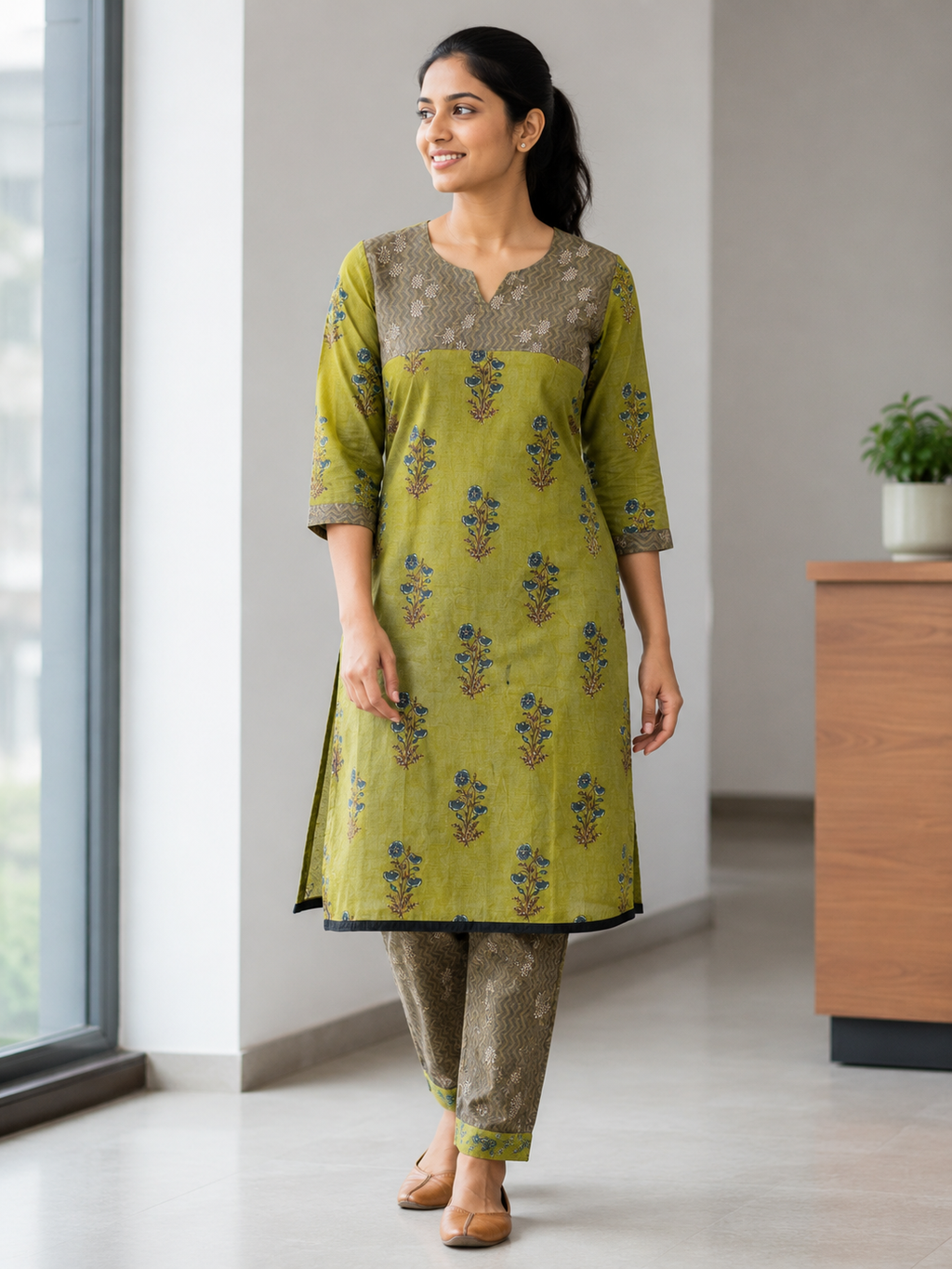 GREEN COTTON KURTA WITH PANT FOR CASUAL OUTING