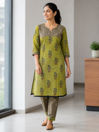 GREEN COTTON KURTA WITH PANT FOR CASUAL OUTING