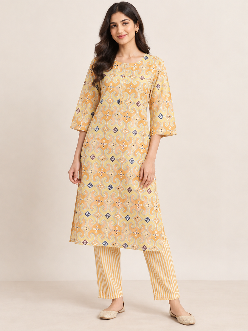 YELLOW COTTON STRAIGHT LINE KURTA WITH PANT FOR DAY OUT