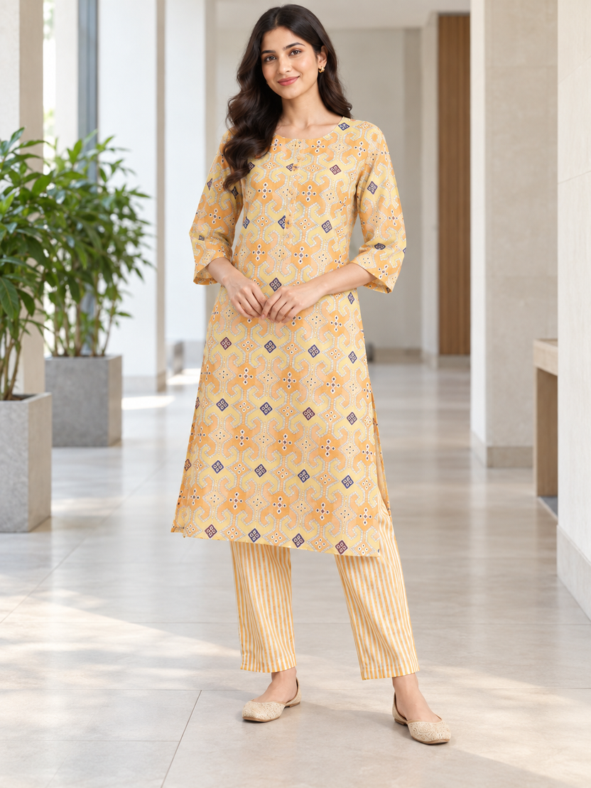 YELLOW COTTON STRAIGHT LINE KURTA WITH PANT FOR DAY OUT