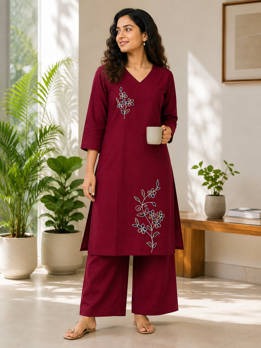 RED COTTON KURTA WITH PANT FOR DAY OUT