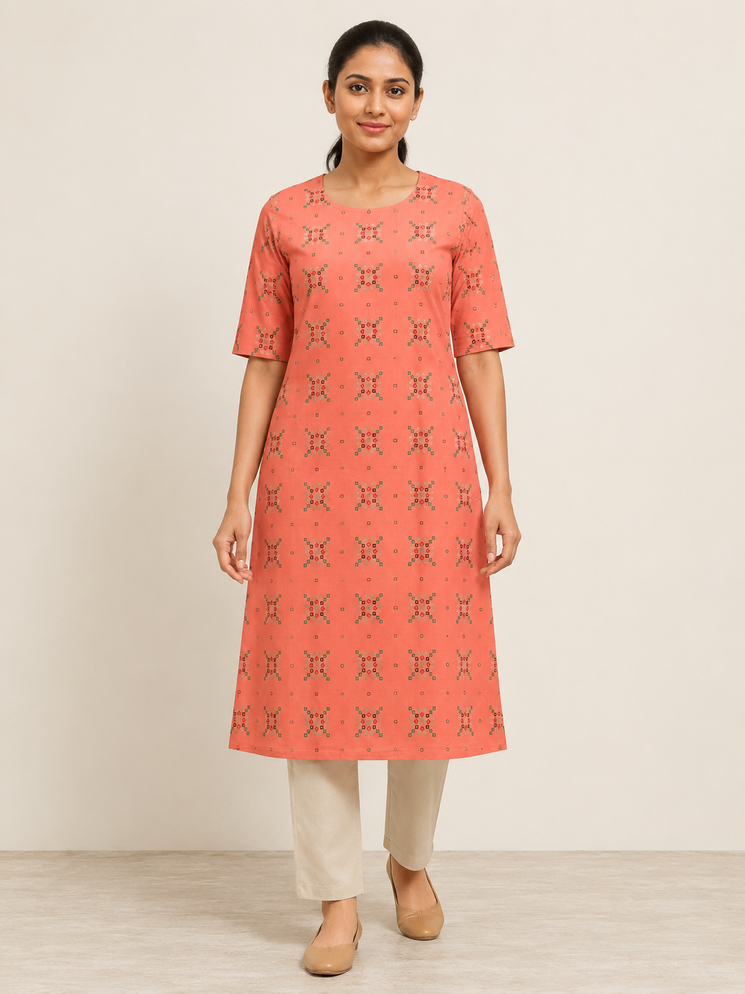 ORANGE COTTON STRAIGHT LINE KURTA FOR CASUAL OUTING