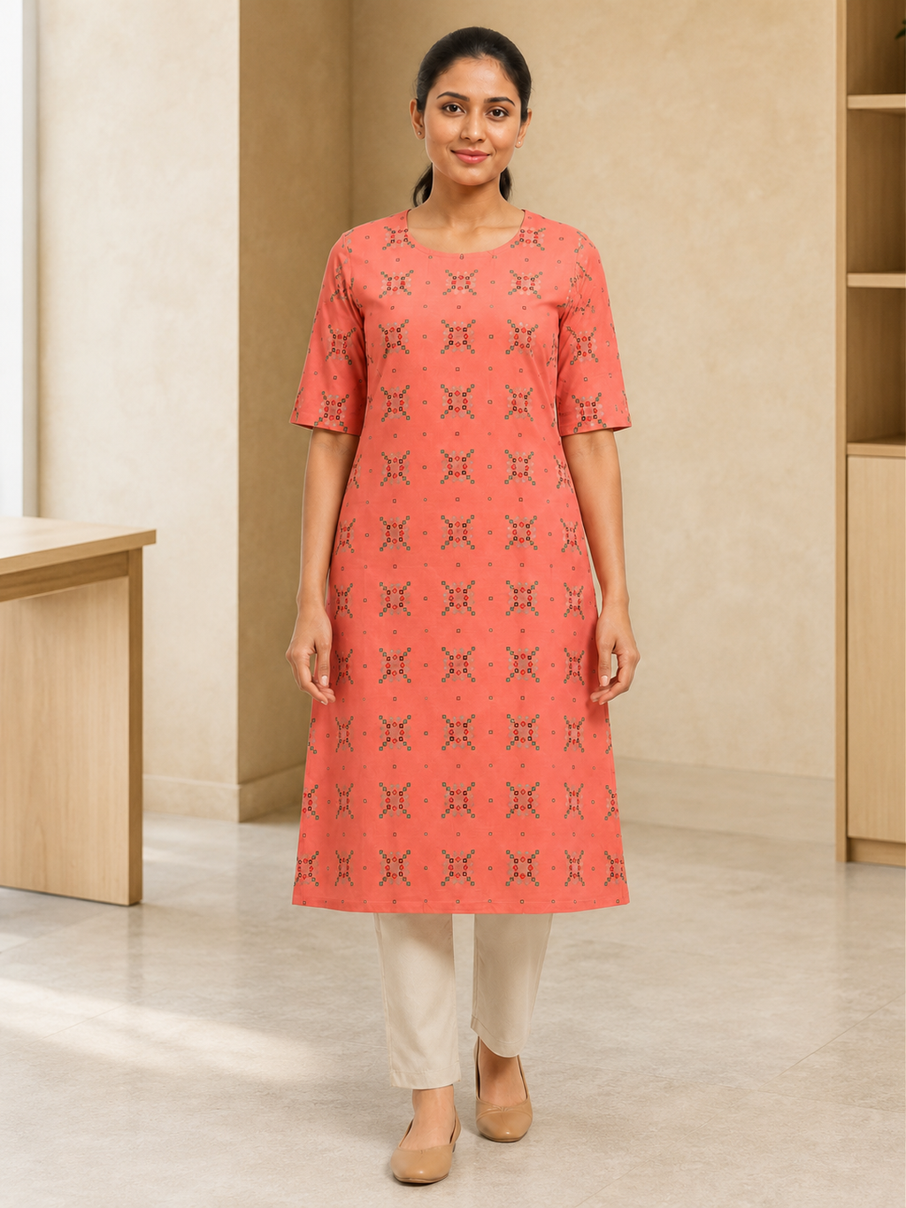 ORANGE COTTON STRAIGHT LINE KURTA FOR CASUAL OUTING