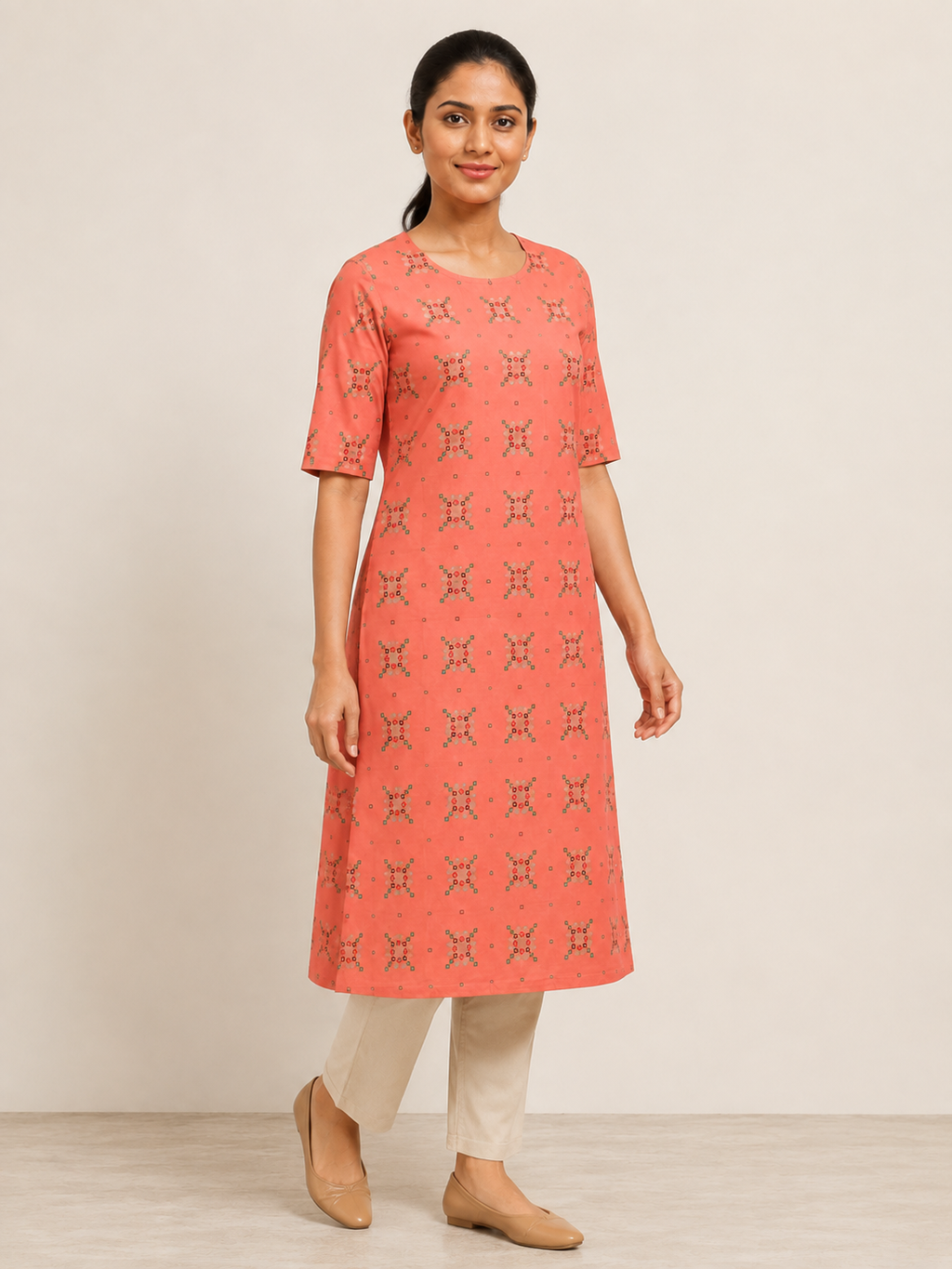 ORANGE COTTON STRAIGHT LINE KURTA FOR CASUAL OUTING