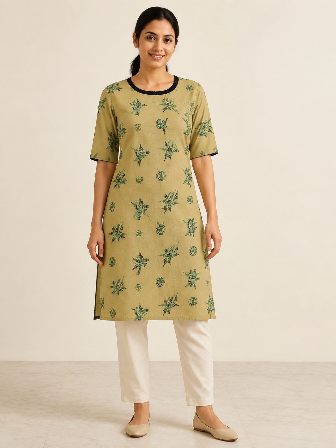 GREEN COTTON STRAIGHTLINE KURTA FOR CASUAL WEAR