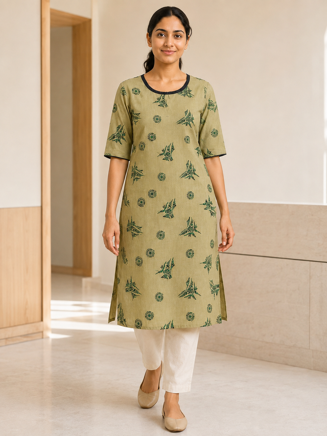 GREEN COTTON STRAIGHTLINE KURTA FOR CASUAL WEAR