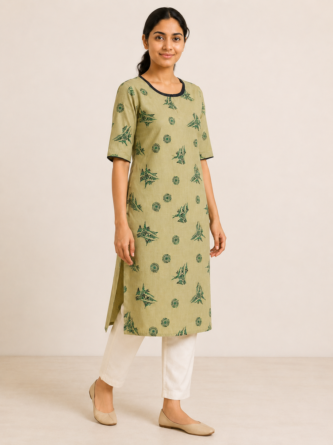 GREEN COTTON STRAIGHTLINE KURTA FOR CASUAL WEAR