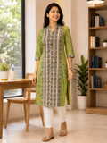 GREEN COTTON STRAIGHT LINE KURTA FOR CASUAL OUTING