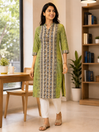 GREEN COTTON STRAIGHT LINE KURTA FOR CASUAL OUTING