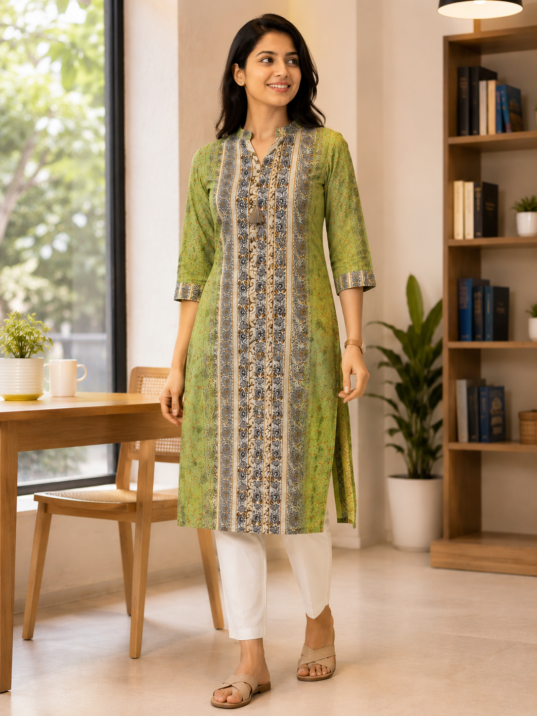 GREEN COTTON STRAIGHT LINE KURTA FOR CASUAL OUTING