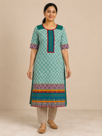 GREEN COTTON STRAIGHT LINE KURTA FOR CASUAL OUTING