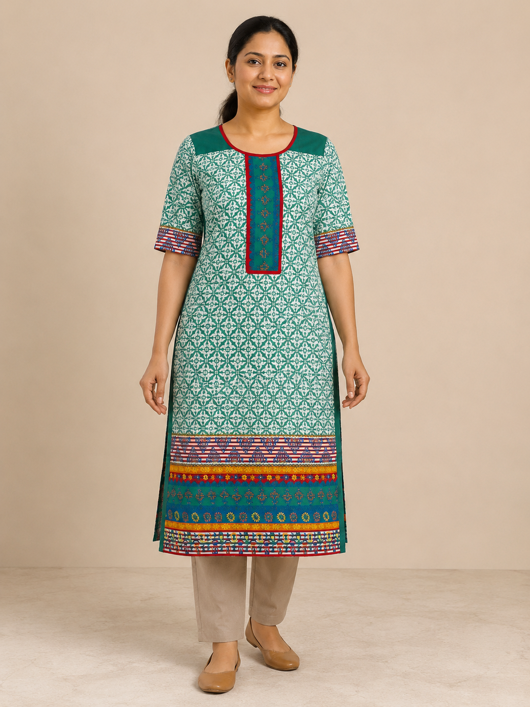 GREEN COTTON STRAIGHT LINE KURTA FOR CASUAL OUTING