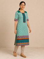 GREEN COTTON STRAIGHT LINE KURTA FOR CASUAL OUTING