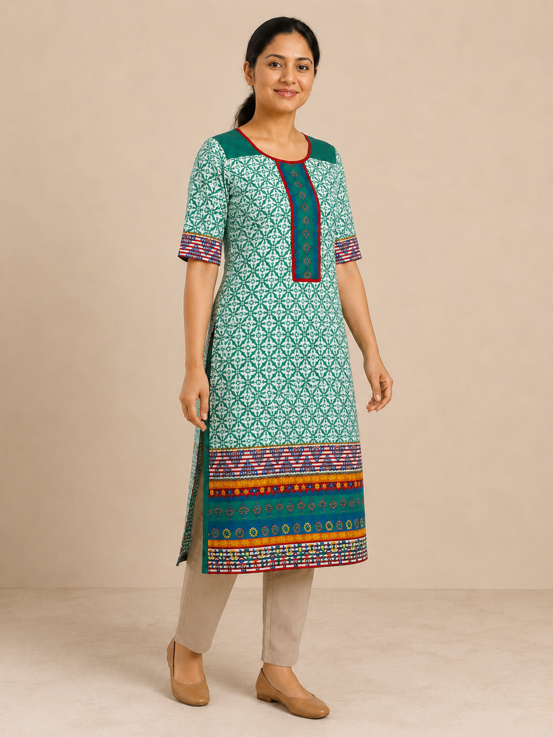 GREEN COTTON STRAIGHT LINE KURTA FOR CASUAL OUTING