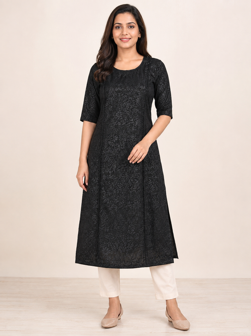 BLACK COTTON STRAIGHT LINE KURTA FOR CASUAL WEAR