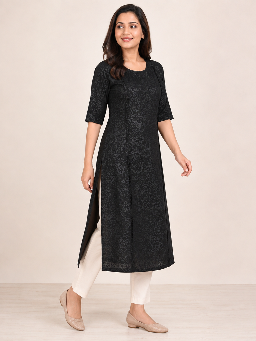 BLACK COTTON STRAIGHT LINE KURTA FOR CASUAL WEAR
