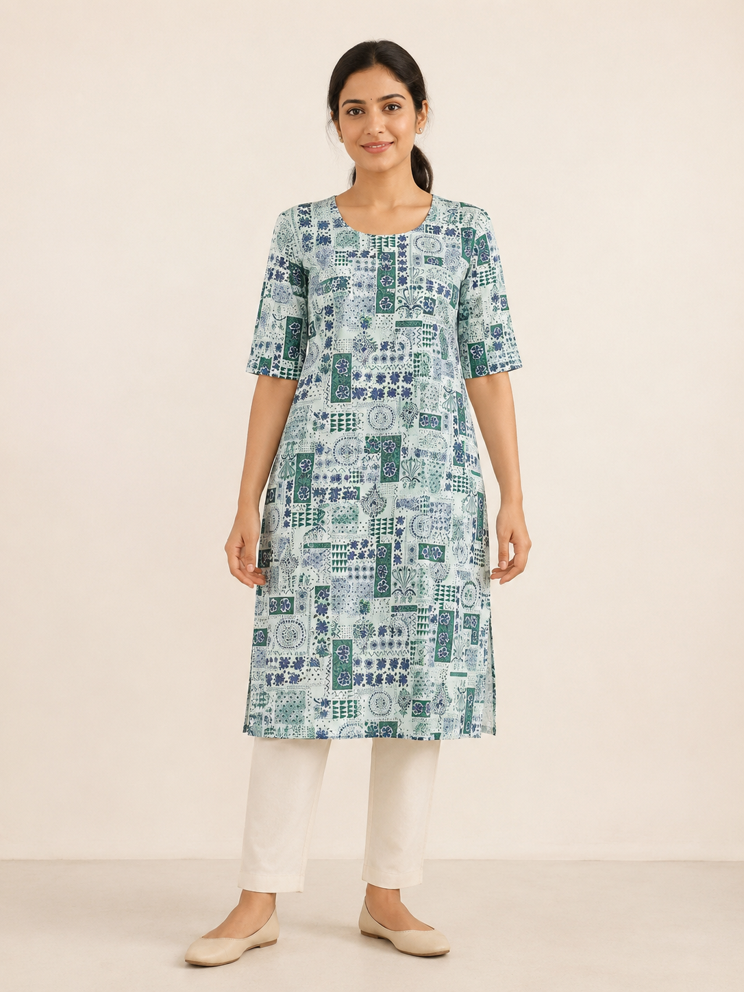 BLUE COTTON STRAIGHT LINE KURTA FOR DAY OUT
