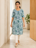 BLUE COTTON STRAIGHT LINE KURTA FOR DAY OUT