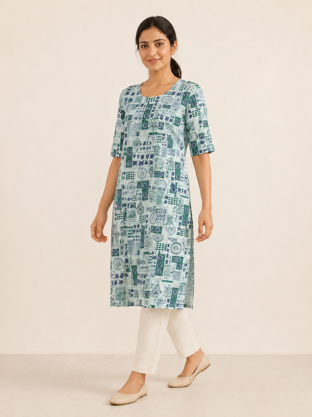 BLUE COTTON STRAIGHT LINE KURTA FOR DAY OUT